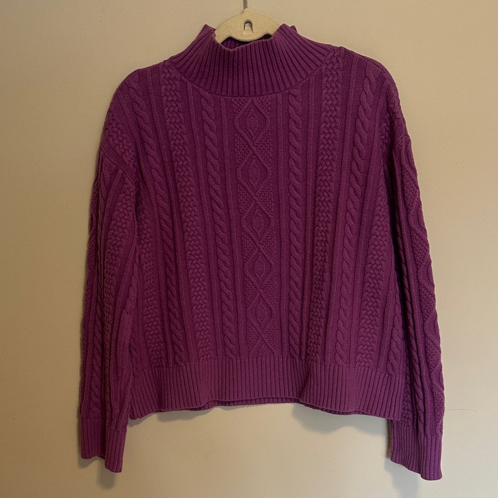 Ann Taylor Cable-Knit Turtleneck Sweater in Plum